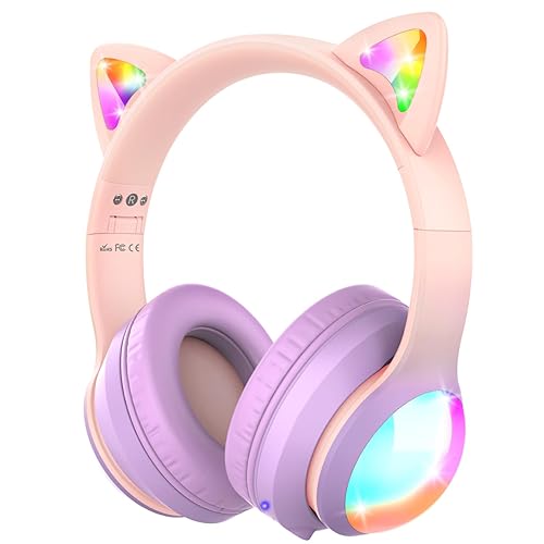 FosPower Kids Bluetooth 5.2 Headphones with LED Cat Ears (85/94dB Safe Volume Limit) Foldable Wireless or Wired Headset with 100hr Play Time…