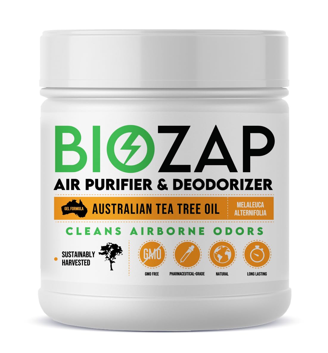 BioZap Air Purifier & Deodorizer (16-oz Jar) - Australian Tea Tree Oil Gel. Naturally Eliminates Odors in Basements, Crawlspaces, Gyms, Cars, Closets