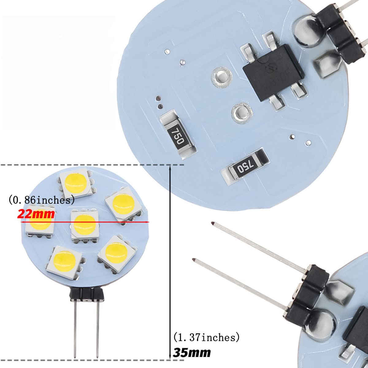 8Pcs G4 Base 1W LED Light Bulbs Equivalent to 10W Halogen Bulb,DC 12V Dimmable,3000K Warm White,6 LEDs 5050 SMD,180 Degree Beam Angle,G4 Bi-Pin Base