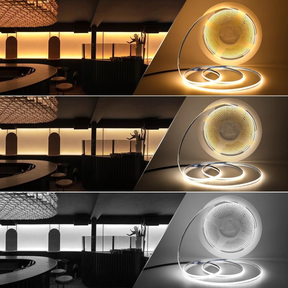 kumax 16.4Ft COB LED Strip Light, 12V/24V/5V, 3mm Width 400leds/m Super Bright Tap Light, High Density Light Strip, Flexible Dotless Design for Indoor