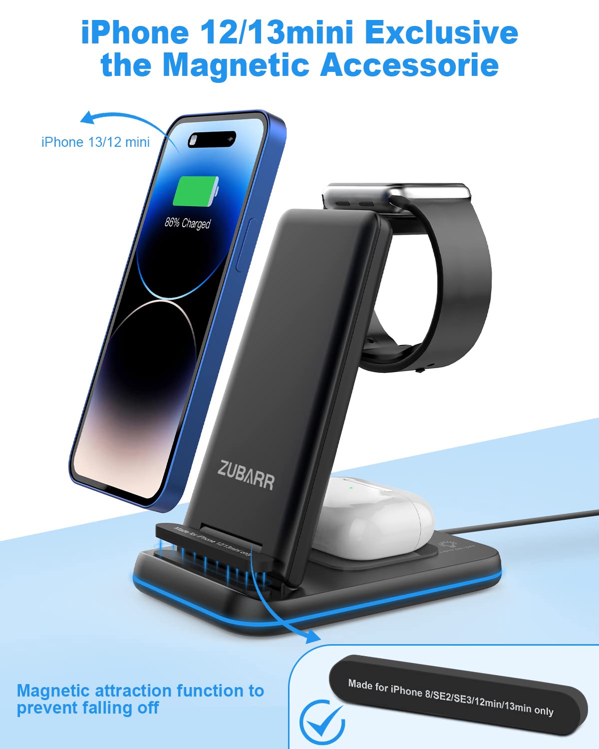 ZUBARR Foldable Wireless Charger for Multiple Devices 3 in 1 Wireless Charging Station for Travel, Compatible with iPhone 17 16e 16 15 14 13 12 11