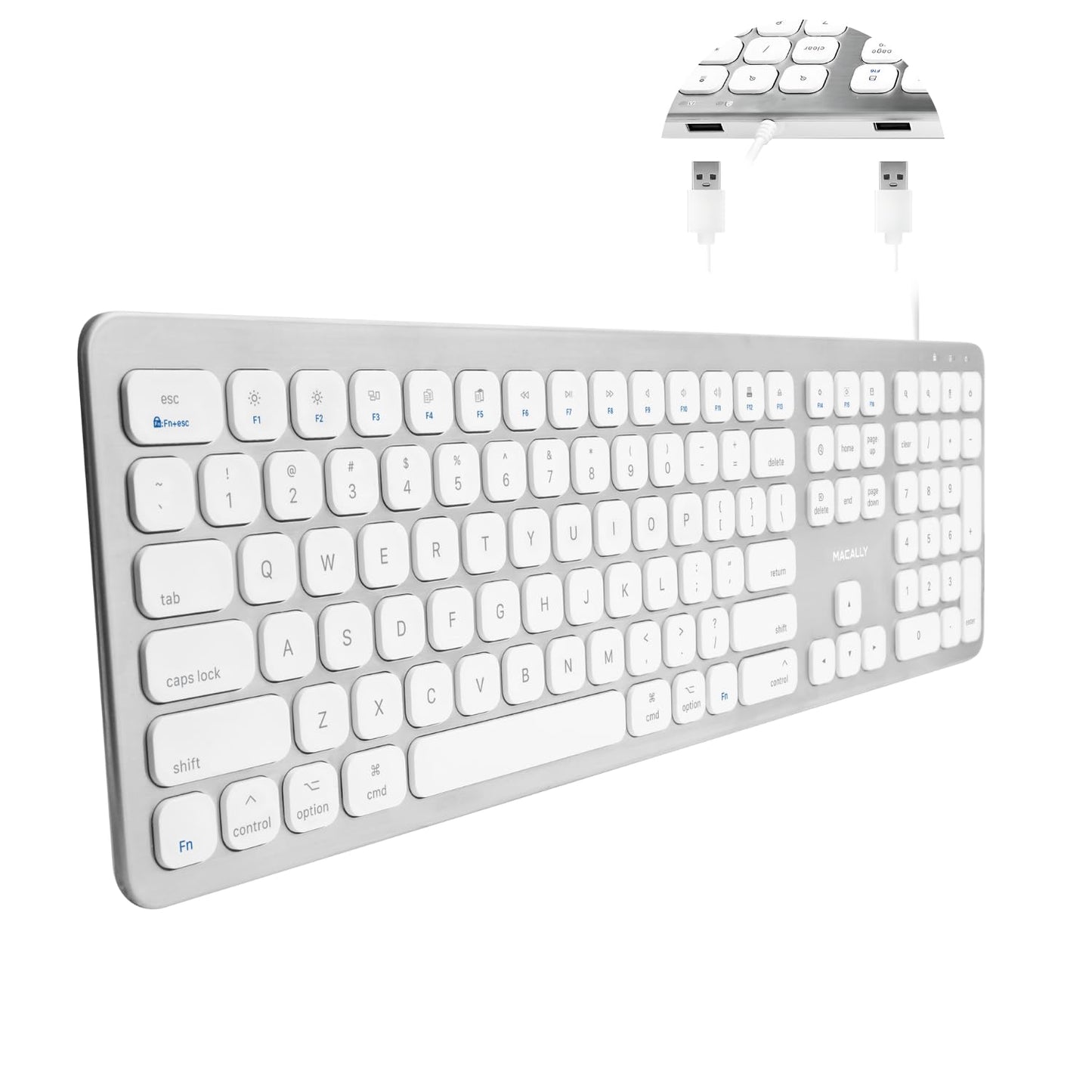Macally Wired Keyboard for Mac with USB Ports for Mouse - Compatible Apple Keyboard for MacBook Pro/Air, iMac - Aluminum Frame