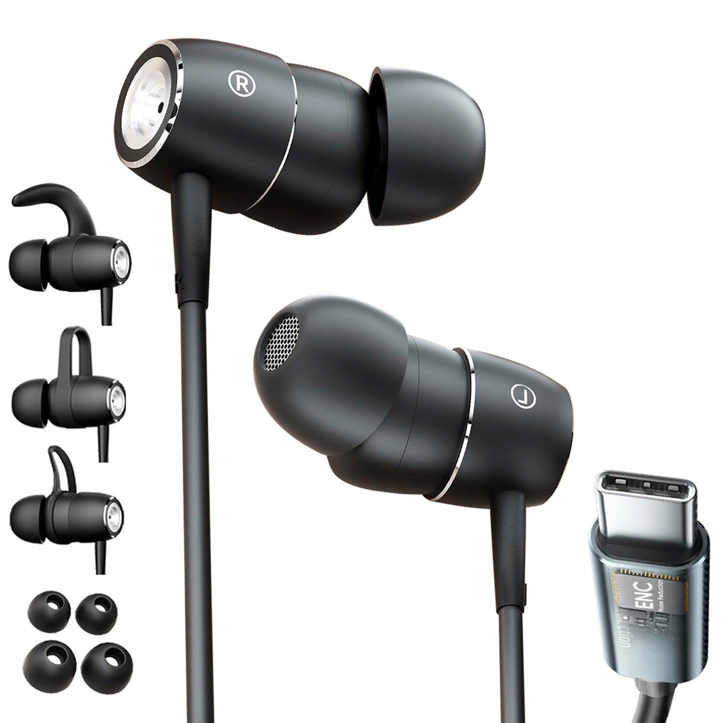 USB C ENC in Ear Headphones with Mic Calls Noise-Canceling Wired Earbuds with Dynamic Bass,(Ear Hooks can be Attached) DAC USB Type C Earphones…