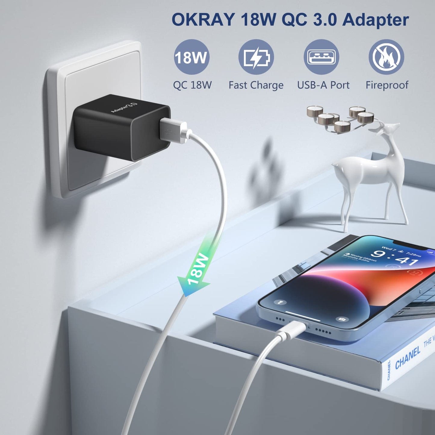 USB Charger Block, OKRAY 2-Pack 18W 3.0 Quick Charge Power Adapter Type A Box USB Wall Plug Fast Charging Block for Wireless Charger, Samsung Galaxy