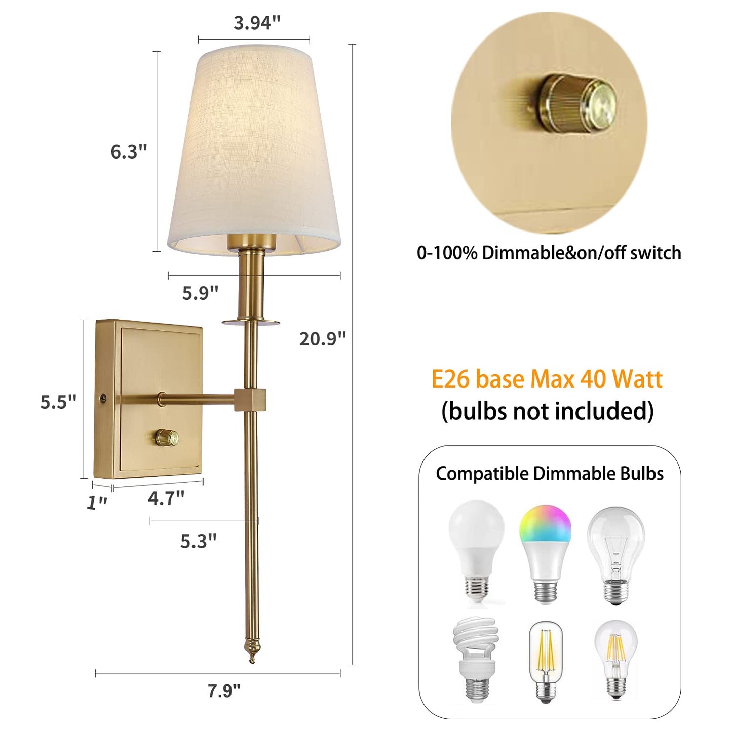 Rizzyluz Gold Wall Sconce Lighting Modern Wall Sconce, Modern Bathroom Vanity Light Fixture Dimmable with On Off Dimmer Switch Linen Fabric Shade