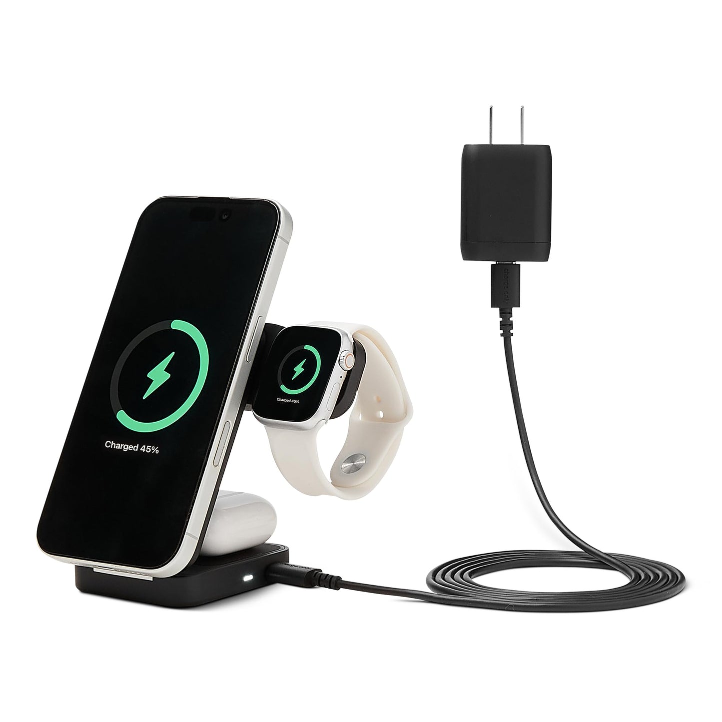 Amazon Basics MagSafe Compatible 25W Fast Charging Qi2.2 Certified 3-in-1 Wireless Charging Station, Foldable Stand for iPhone 17/16/15/14/13/12