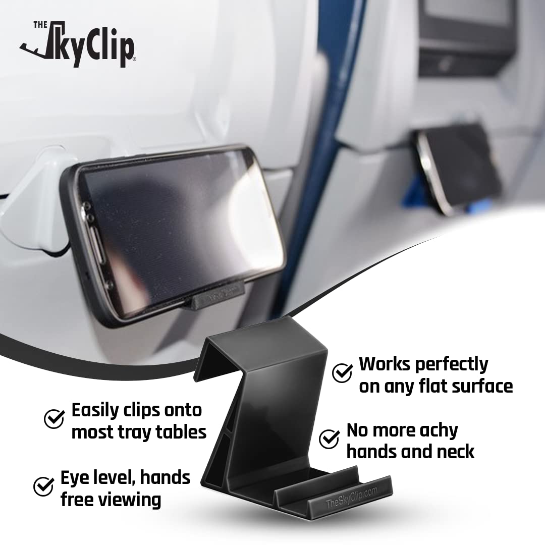 The SkyClip Airplane Cell Phone Back of Seat Inflight Tray Table Clip and Sturdy Phone Stand, Compatible with iPhone, Android, Tablets, and Readers