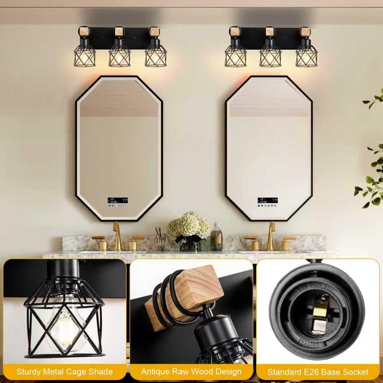 3-Light Farmhouse Bathroom Vanity Light Fixture Over Mirror, Rustic Wood & Black Metal Cage Bathroom Wall Light, E26 Vanity Lighting for Bathroom