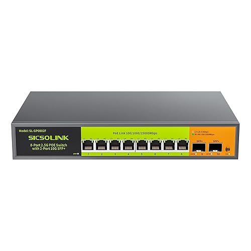 2.5Gb PoE+ Switch 10-Port Unmanaged with 8*2.5G Base-T PoE+ Ports, 2*10G SFP+ , IEEE802.3af/at , 80Gbps Switching Capacity, Metal, 2.5Gbe PoE Switch