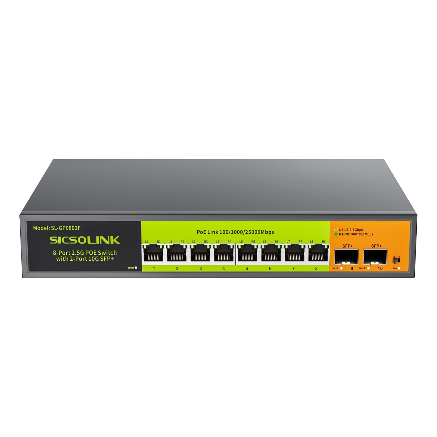 2.5Gb PoE+ Switch 10-Port Unmanaged with 8*2.5G Base-T PoE+ Ports, 2*10G SFP+ , IEEE802.3af/at , 80Gbps Switching Capacity, Metal, 2.5Gbe PoE Switch