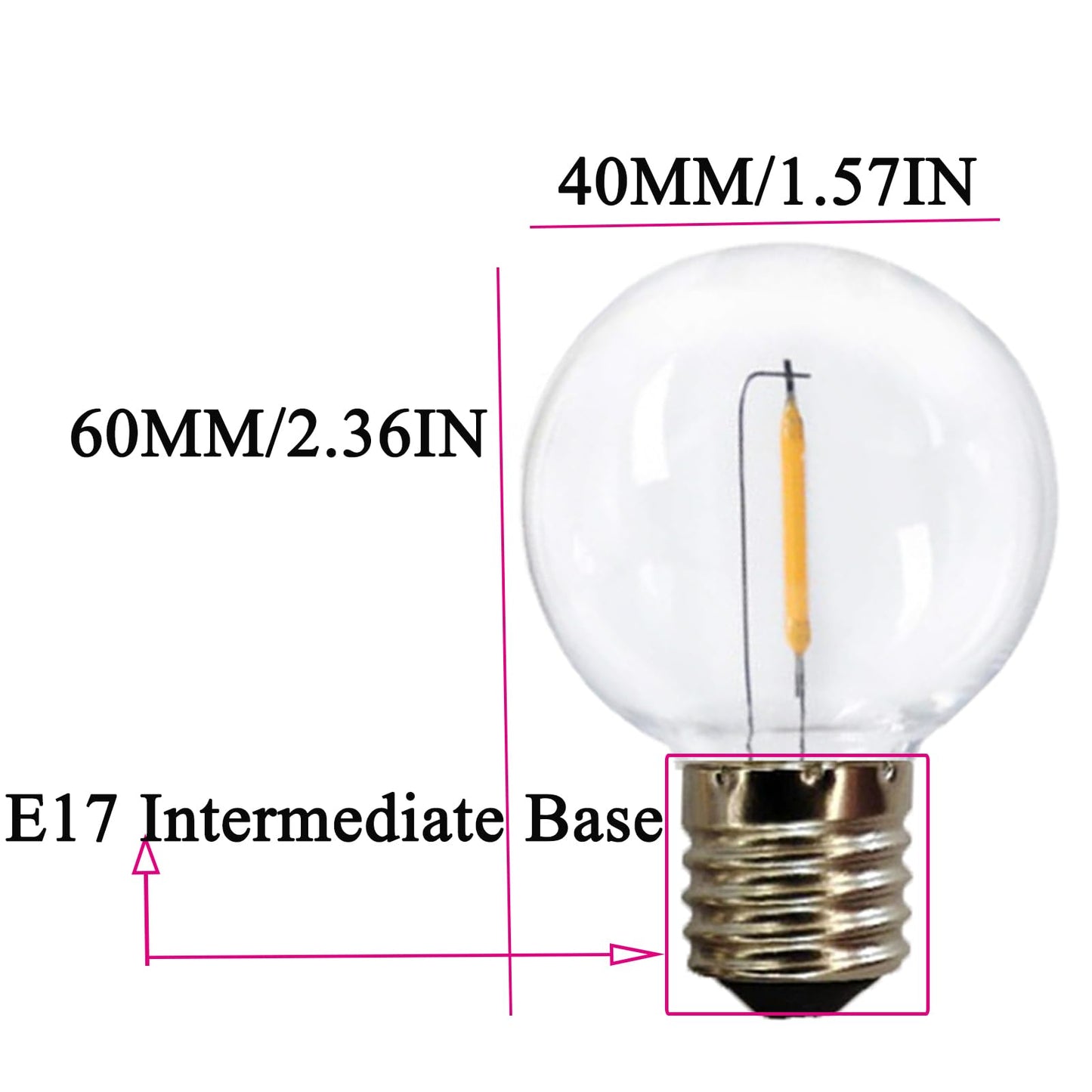 G40 Globe Replacement Bulbs C9/E17 Intermediate Base 1W G40 Shatterproof Waterproof Clear Plastic LED Filament Bulb Warm White 2700K Outdoor String