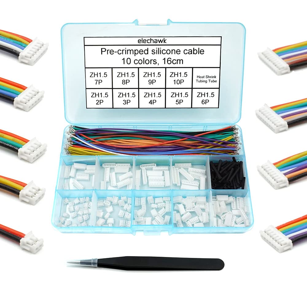 ZH 1.5MM Connectors and 28AWG Pre-Crimped Silicone Cables kit Compatible with JST ZH 1.5 Connector 2/3/4/5/6/7/8/9/10 Pin Housing Adapter Cable