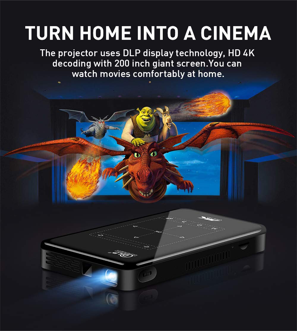 Portable smart projector MINI Projector 4K Android 6.0 1080P HDMI Smart DLP Micro WiFi 5G USB LED Home Theater Android 6.0 (1+8GB, Black)
