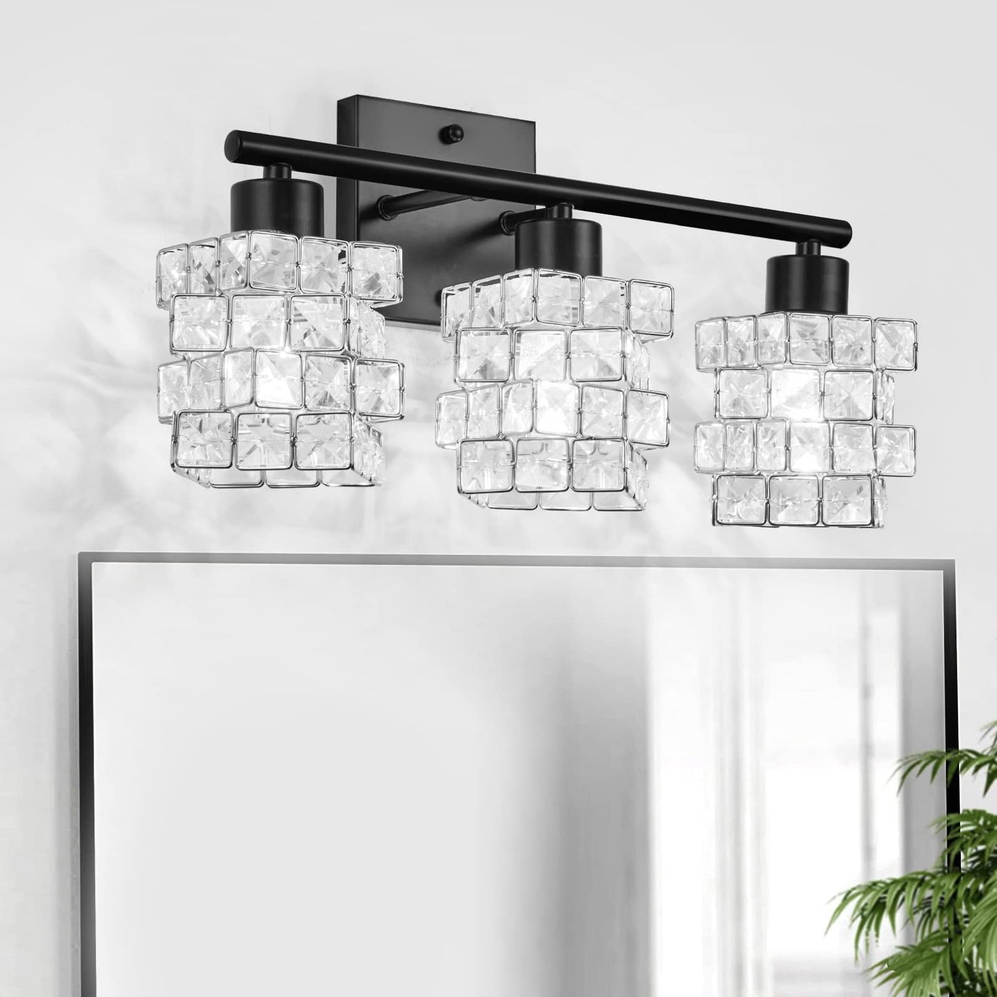 BEHIYA 3 Lights Bathroom Vanity Light, Crystal Bathroom Light Fixture Over Mirror, Matte Black & Crystal Rotateable Indoor Wall Lights | Chrome Glass