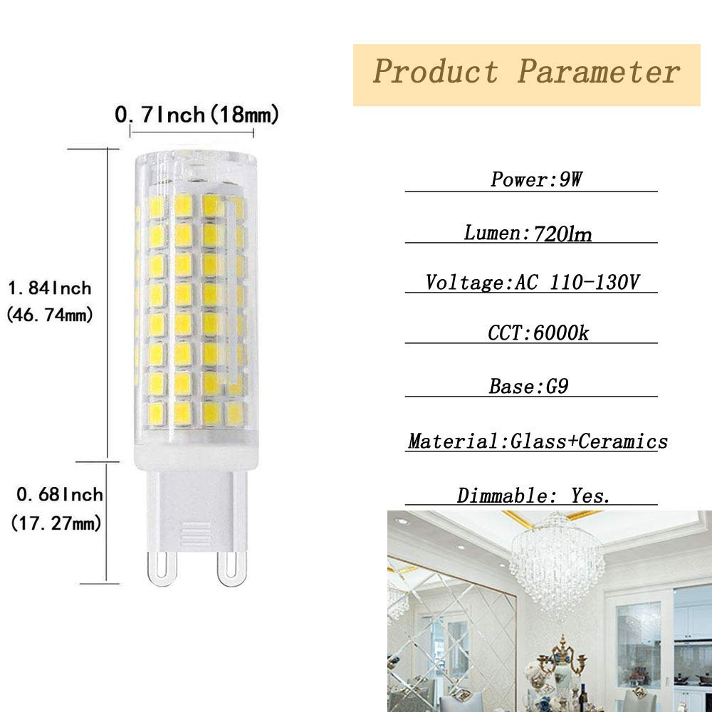 SYXKJ G9 LED Bulbs 7W Dimmable G9 Bi pin Base Bulb Cool White 6000k 4-Pack