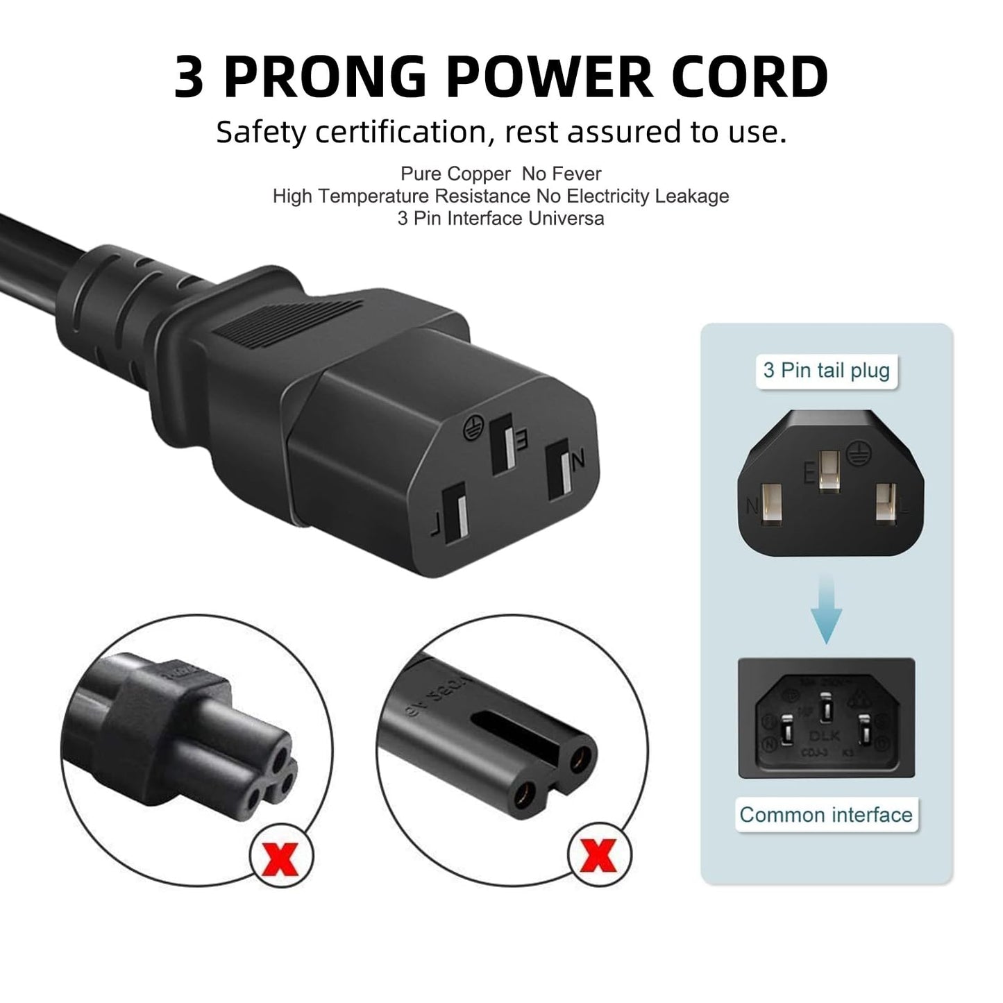6FT Universal 3 Prong AC Power Cable Cord for Computer, TV, Monitor, Walking pad Treadmills,Goplus Yagud Superun Treadmill,Vibration Plate Exercise