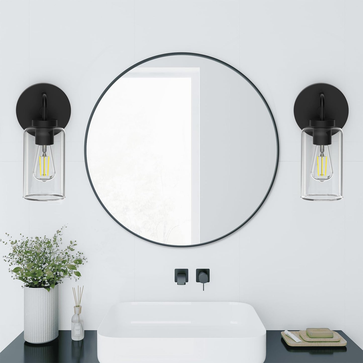 Zevluck Wall Sconces Set of 2, Modern Wall Light Fixtures with Clear Glass Shade, Matte Black Bathroom Vanity Light, Hardwired Vanity Wall Lamps