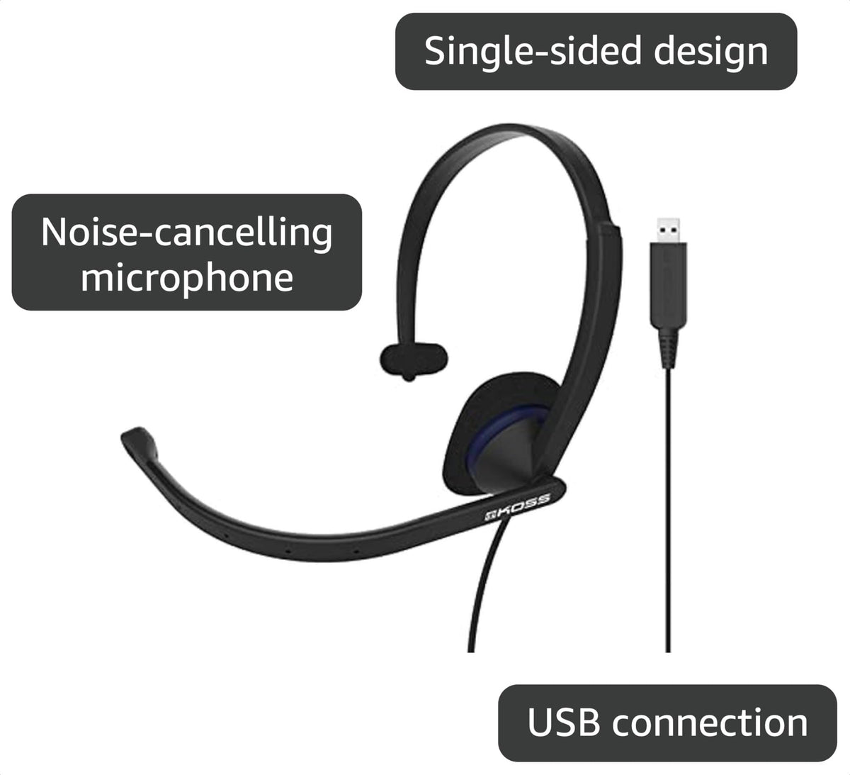 Koss CS195-USB Single-Sided On-Ear Communication Headset, Black, USB-A Plug