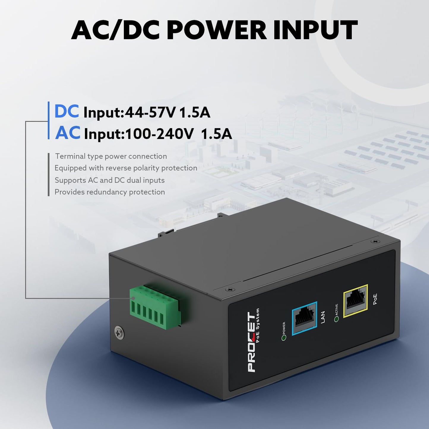 PROCET 10 Gbps Gigabit PoE++ Injector Din Rail, 60W Industrial Adapter with Wide Temp -40°F to 149°F, 6KV Surge Protection, AC/DC Input