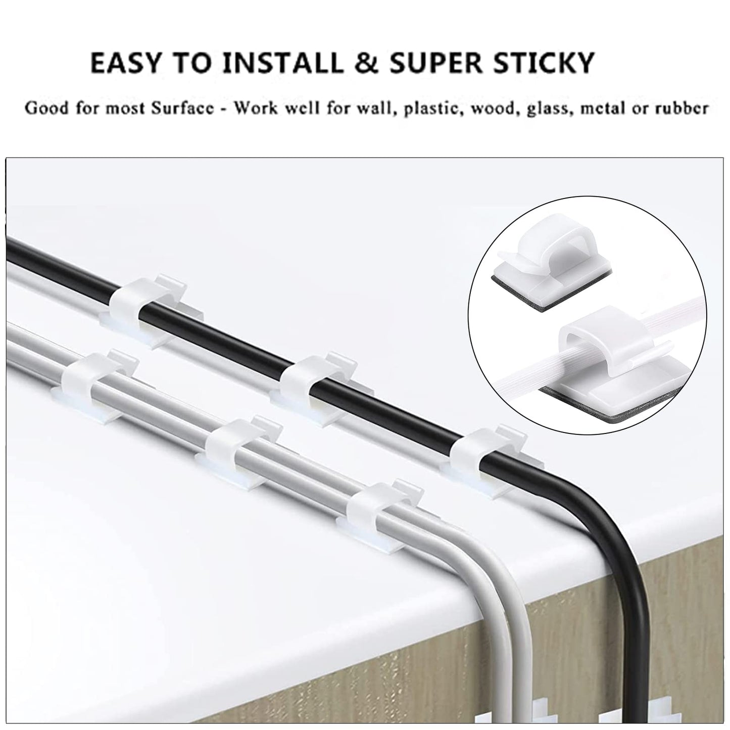 CHZHLI White Cable Management Organizer Kit, 2 Wire Sleeve Protector, 41 Self Adhesive Cable Clips Holder, 10pcs+2 Roll Reusable Cable Ties and 100