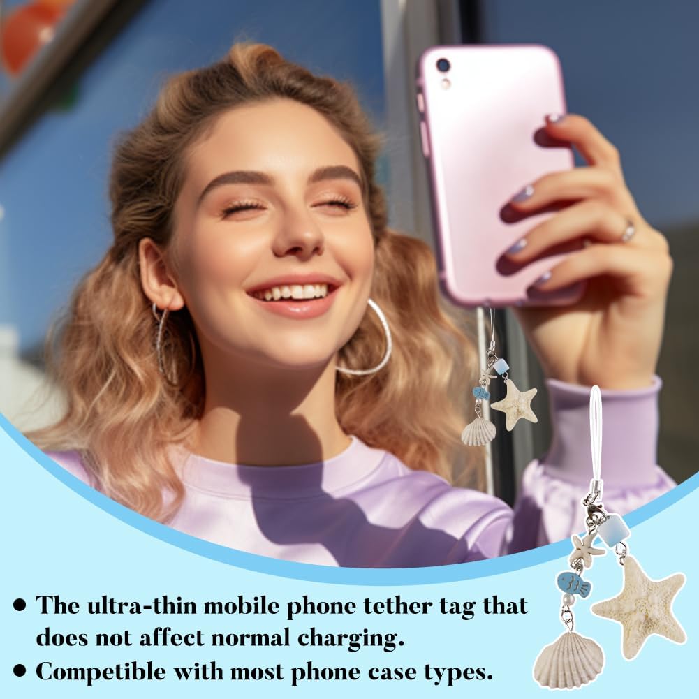 4PCS Phone Charm Wrist Straps Camera Pearl Shell Ocean Lanyard Chain Beaded Cute Blue Bracelet Strap Keychain for Women Phone Bag Camera Decoration