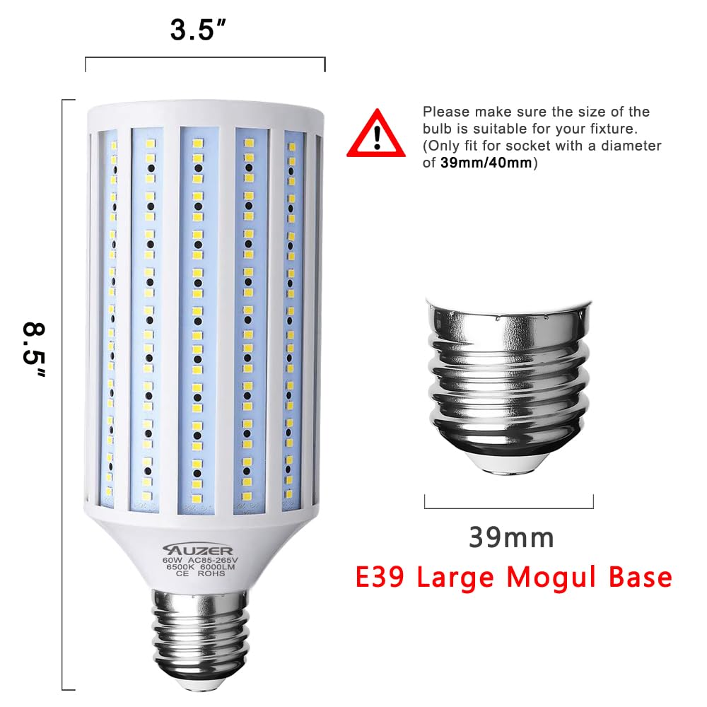 Auzer 60W LED Corn Light Bulb, Large Mogul E39 Base, 6000-Lumen, 6500K Daylight Cool White,LED Corn Bulb for Large Area Garage Factory Warehouse Barn