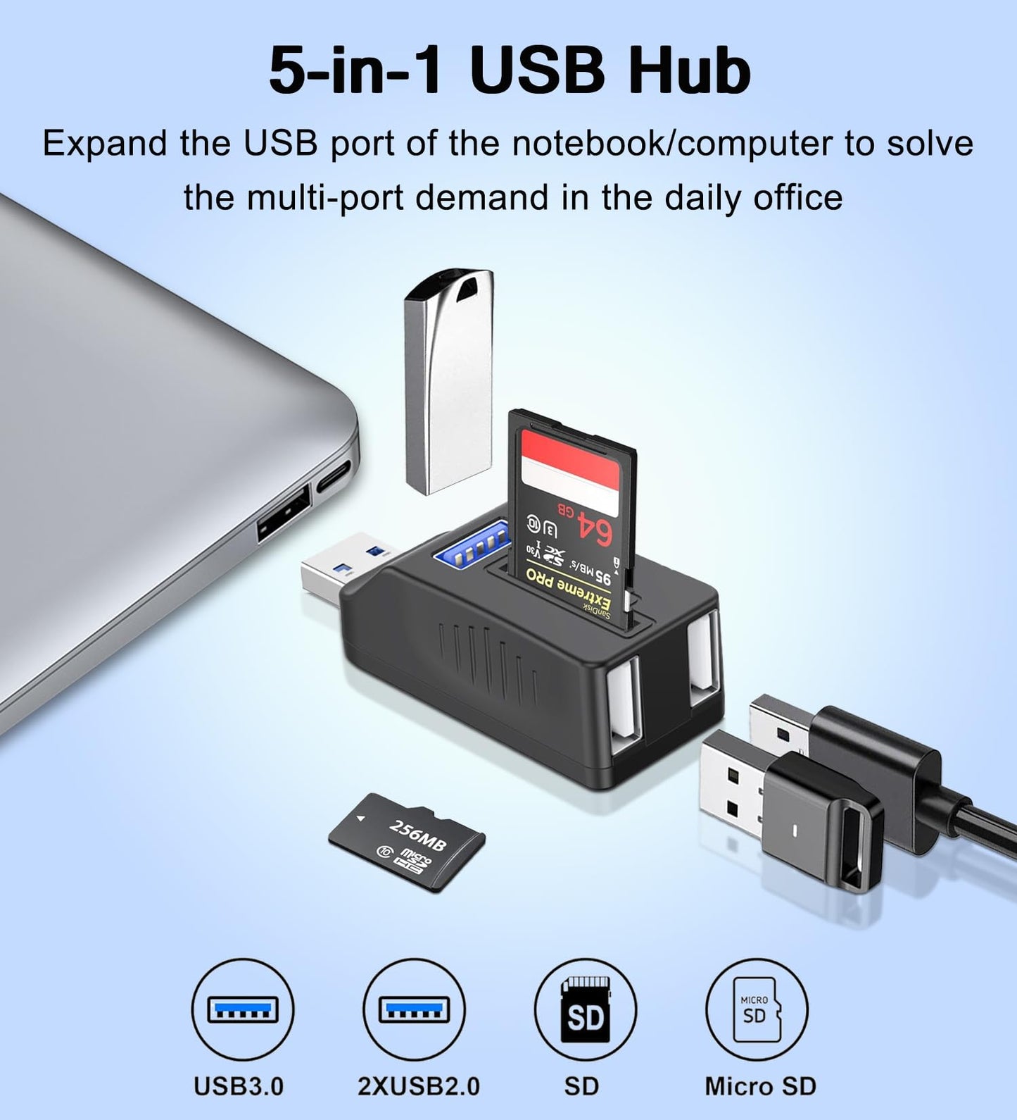 VIENON 5-Port USB 3.0 Hub with SD TF Card Reader, USB Extender Adapter with Memory SD/Micro SD Card Reader, USB 3.0/2.0 Ports, Portable USB Splitter