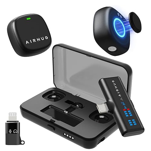 AIRHUG Wireless Lavalier Microphone for iPhone/Android/PC, 60H Battery, 48KHz 24Bit, Plug-Play Lightning/USB-C, 3 Recording Modes, AI Noise