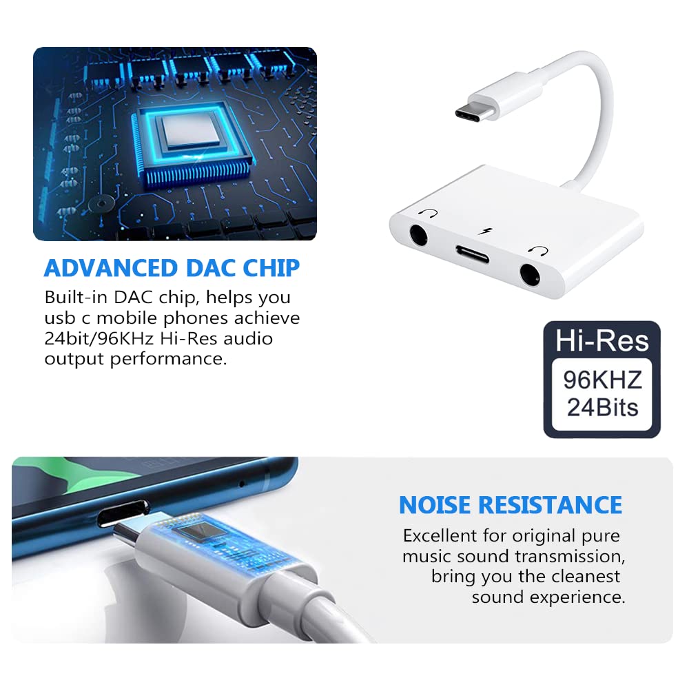 SkySmile USB C to 3.5mm Audio Adapter, Aux Headphone Jack Splitter with Fast Charging Port, Type-C to Dual Earphone Converter