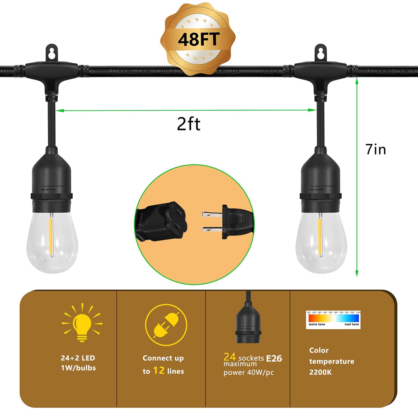 EIKOSON ???????? LED Outdoor String Lights with ???? Weatherproof Shatterproof Edison ?????? ??????????(2 ??????????)?Commercial Grade Waterproof Hanging Lights