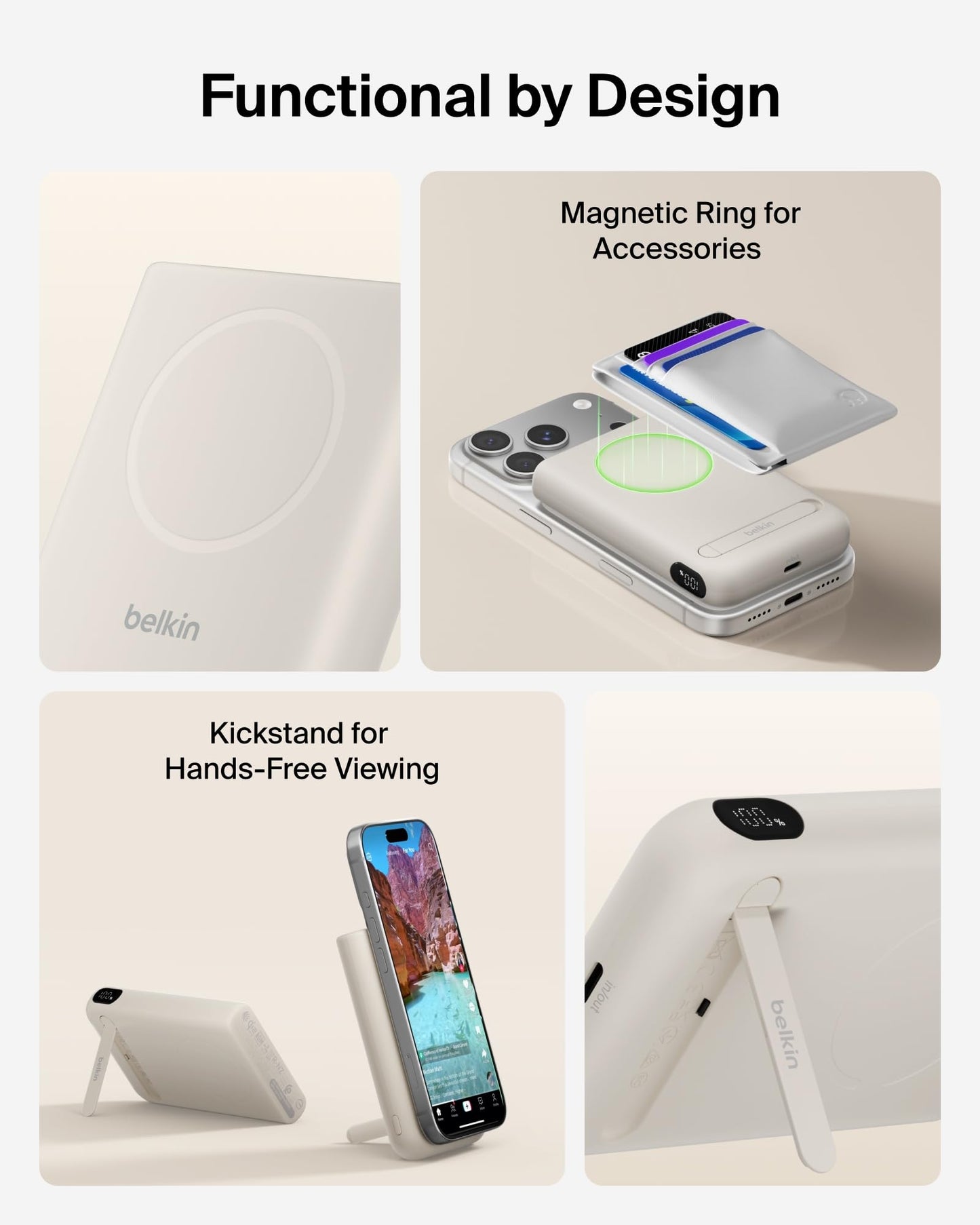 Belkin MagSafe Power Bank 10,000mAh, Qi2.2 25W Portable Charger w/Kickstand, Magnetic Back Supports MagSafe Accessories, Digital Display, Wireless