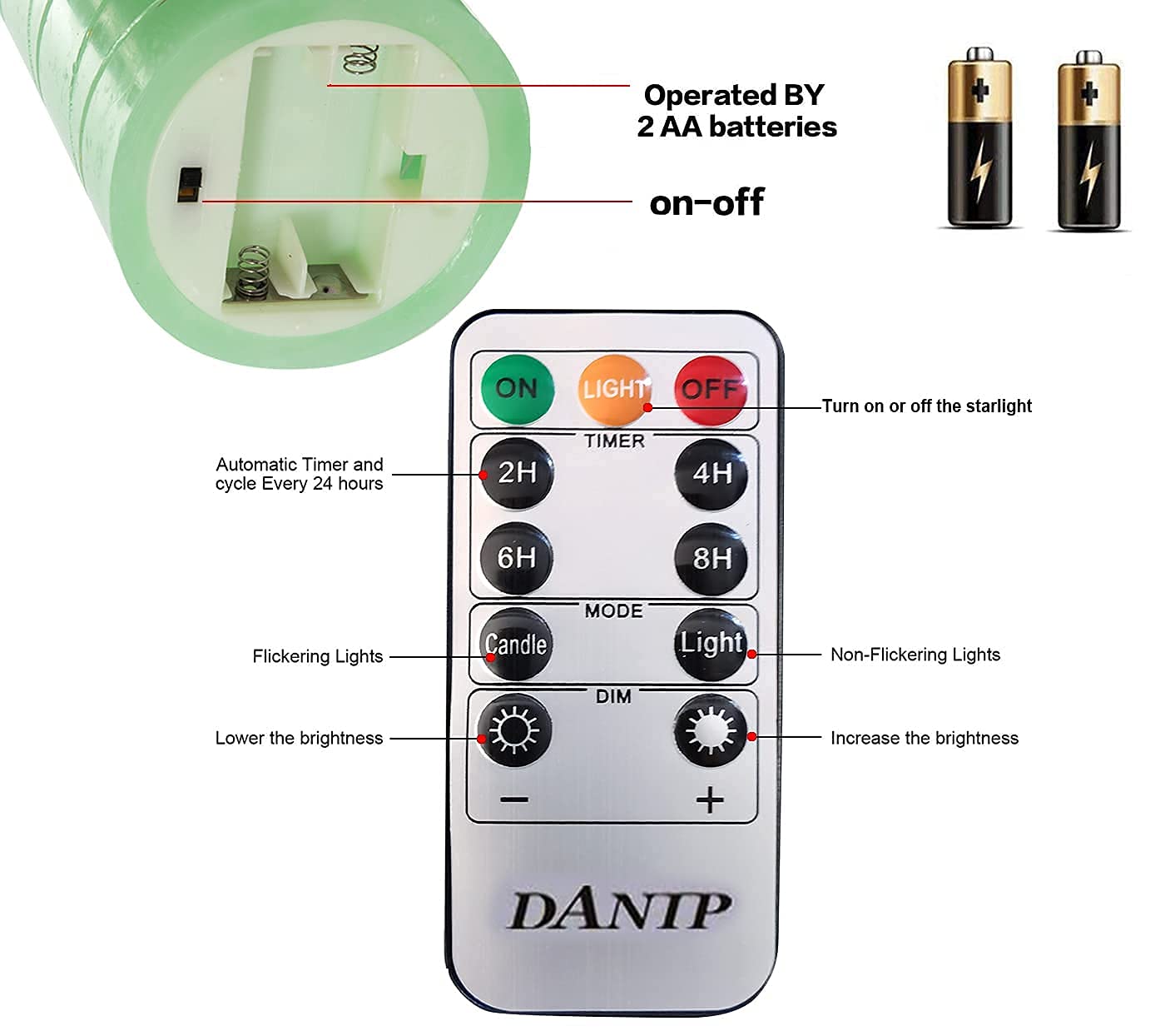 Green LED flameless Candle with Embedded Starlight String, 3 LED Candles, 10-Key Remote Control, 24-Hour Timer Function, Dancing Flame, Real Wax