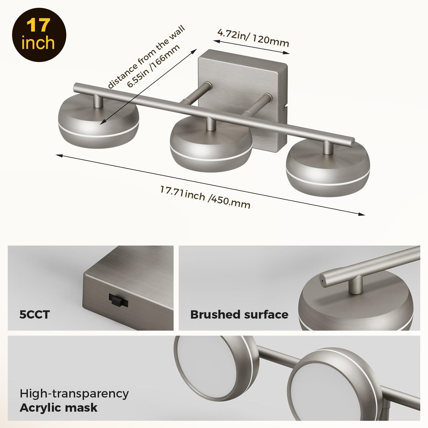 KELIDEN Vanity Light Fixture, 3-Light Brushed Nickel Bathroom Vanity Light with 5CCT, Dimmable Modern Wall Light for Mirror and Bathroom