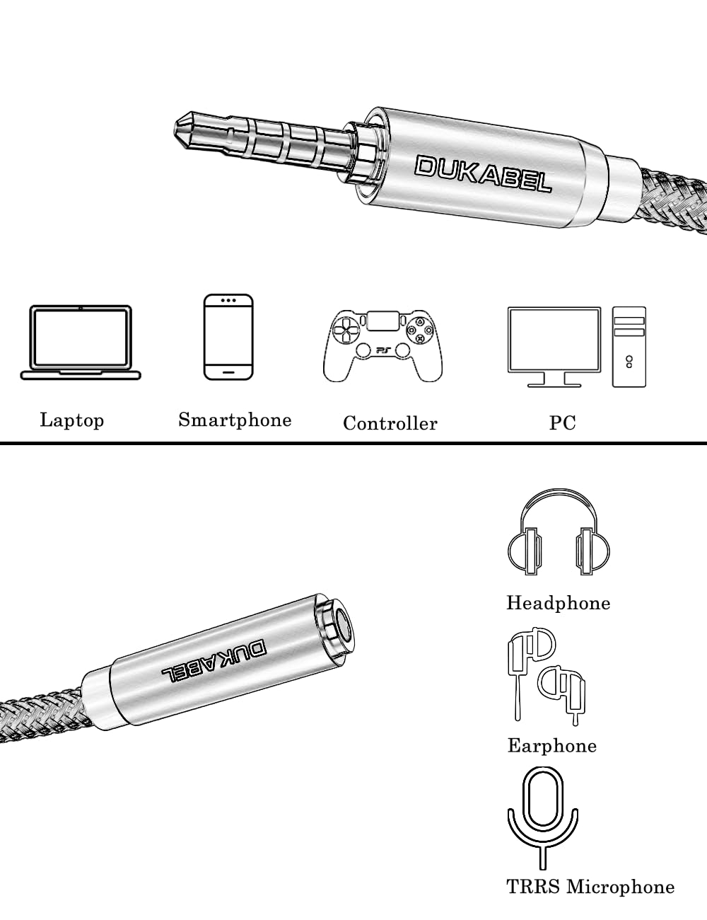 DUKABEL Headphone Extension Cable, 3.5mm TRRS Headphone Extension with Mic Male to Female Stereo Audio Cable for Smartphone,PC,TV,Headset,PS4