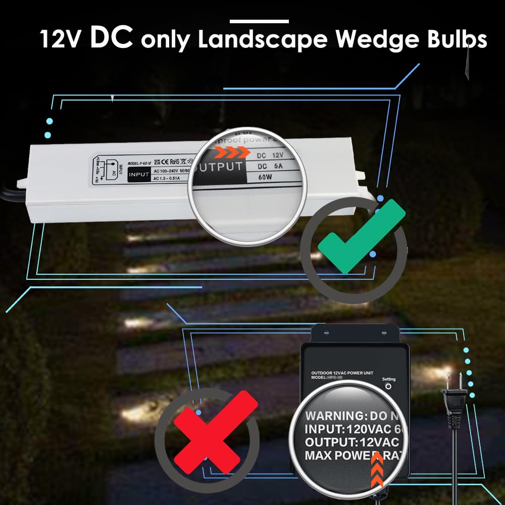 Noobibaba T5 T10 Wedge Base LED Landscape Light Bulb 12VDC 2700K 1W 10-Pack
