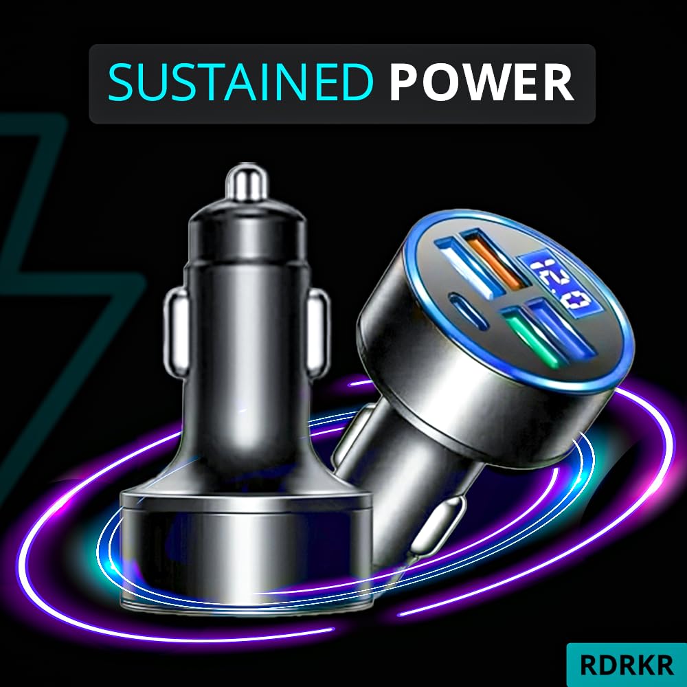 RDRKR 120W 5-Port Car Charger with PD Fast Charging & LED Voltage Display - USB C Cigarette Lighter Adapter (4 USB + 1 PD) for iPhone, Android