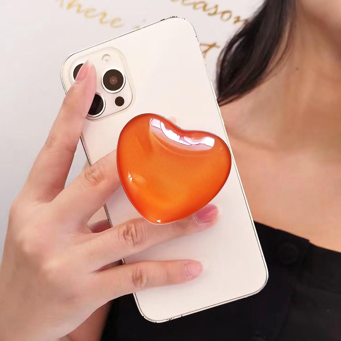 Cute Orange Heart Phone Grip - Large 3D Collapsible Crystal Phone Holder & Stand for Kindle, iPhone 17 16 15 14 13 Pro Max, iPad, Tablet | Phone