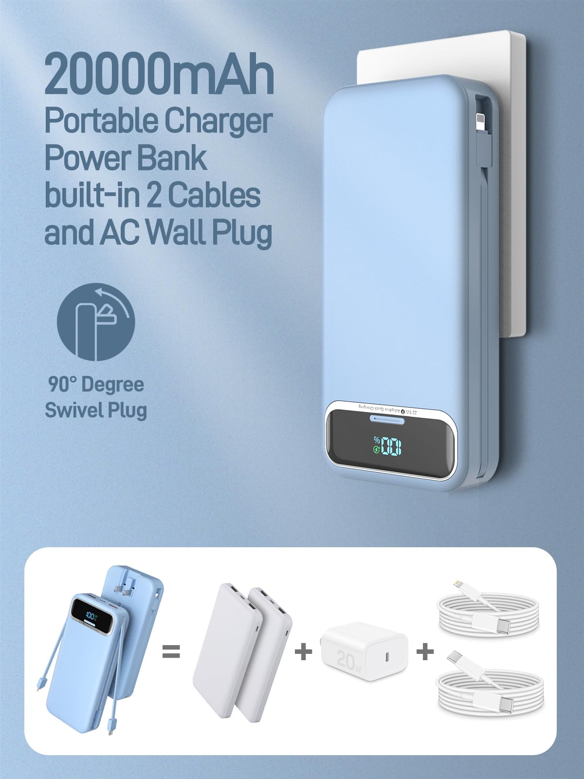 Portable Charger, 20000mAh 22.5W Fast Charging Power Bank with Built-in Cables & Wall Plug, Travel Essential External Battery Pack with LED Display