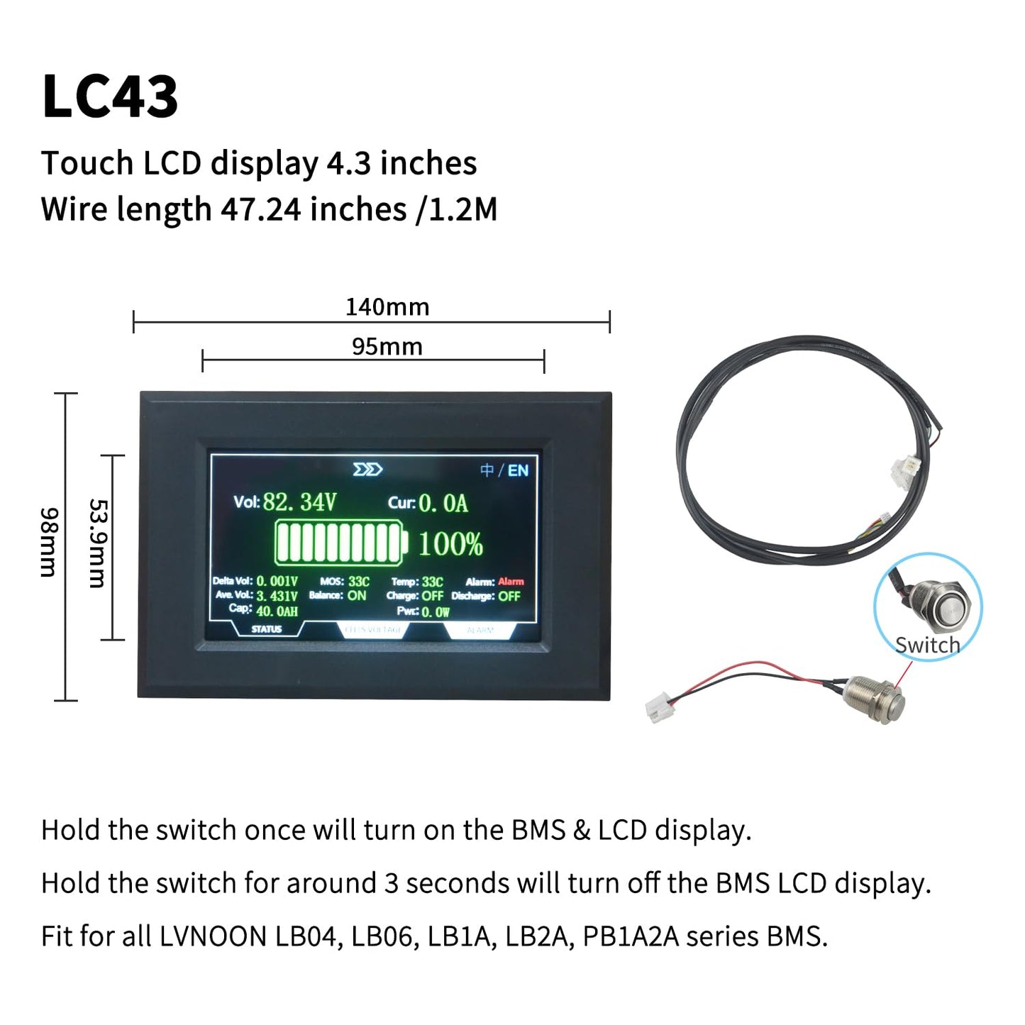LVNOON Touch LCD Display 4.3 inches for LVNOON LB04, LB06, LB1A, LB2A and PB1A2A Smart Active Inverter BMS Usage(LC43)