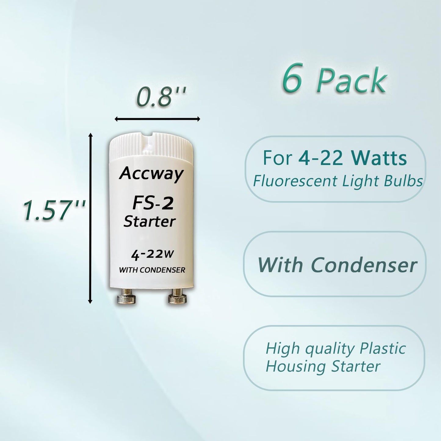 Accway (6pack) FS-2 Fluorescent Starter with Condenser for 4Watts - 22Watt Preheat Linear Fluorescent Tube, Circular Light Bulb, 110V-130V