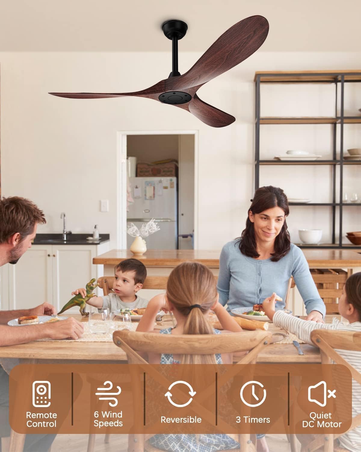 KASASS Ceiling Fan No Light, 52 in Outdoor Ceiling Fans with Remote Control without Light, 3 Blades, 6 Speed Reversible DC Motor Modern for Patios