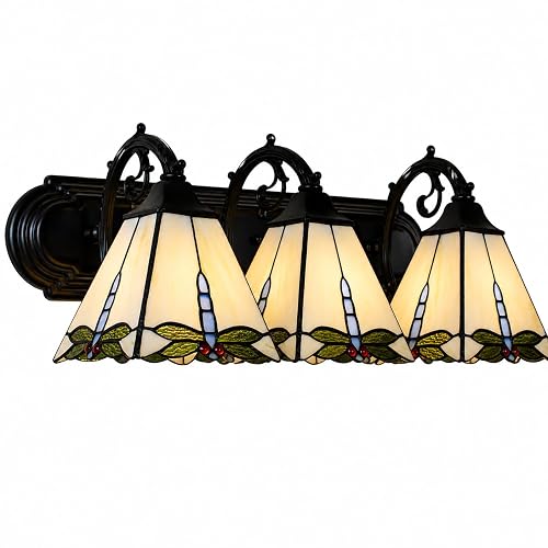 Kaichenyt Tiffany Style Wall Sconce 3 Heads Vintage Lamp Fixtures with Dragonfly Pattern & Stained Glass Indoor Wall Mounted Light for Bedroom Living