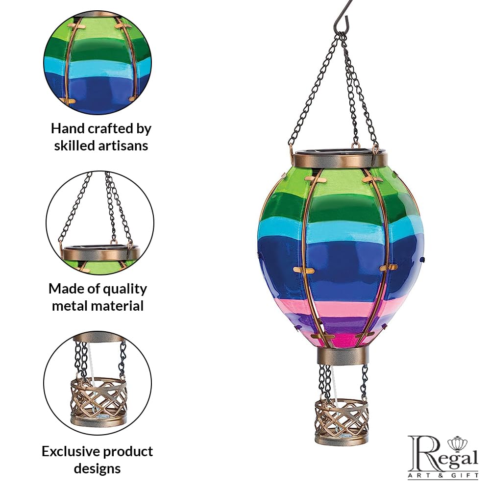 Regal Art & Gift Hot Air Balloon Solar Lantern - Hanging Solar-Powered LED Lights, Waterproof Portable Decorative Outdoor Lamp Made of Metal & Glass