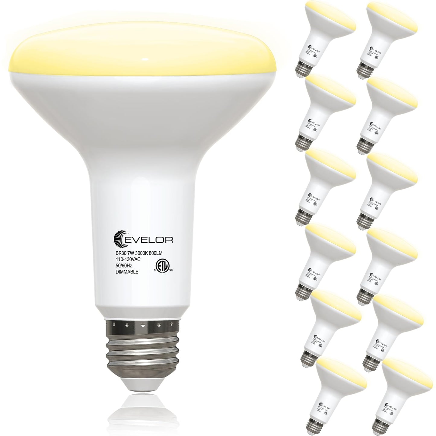 evelor 12 Pack BR30 Flood LED Light Bulbs 65W Equivalent, 7W Energy Efficient, Dimmable 800LM Bulbs 2700K Warm White, E26 Base for Recessed Cans