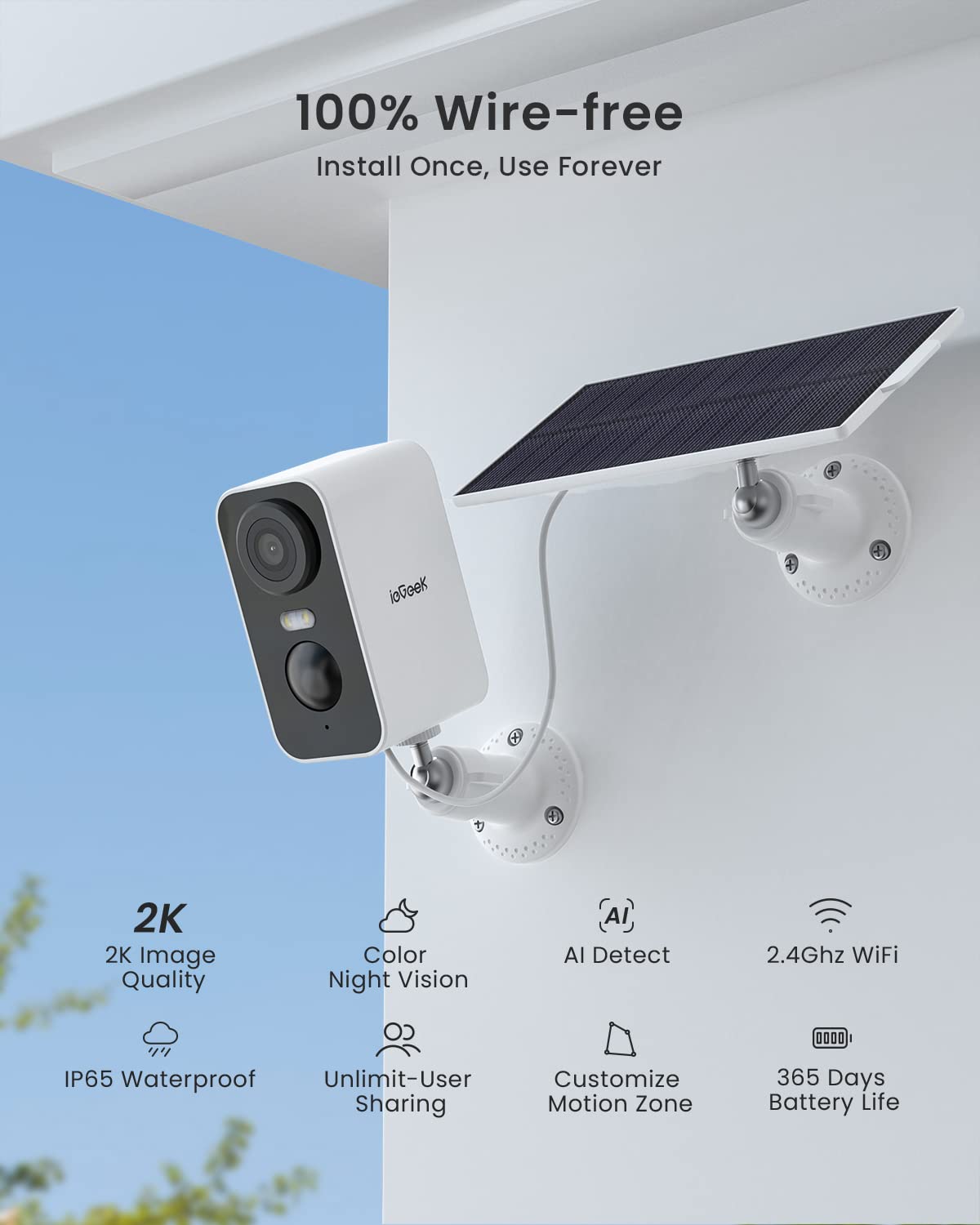 ieGeek Solar Security Cameras Wireless Outdoor, 2 Pack 2K WiFi Battery Camera System for Home Surveillance, Battery Powered Cam with 3MP Color Night