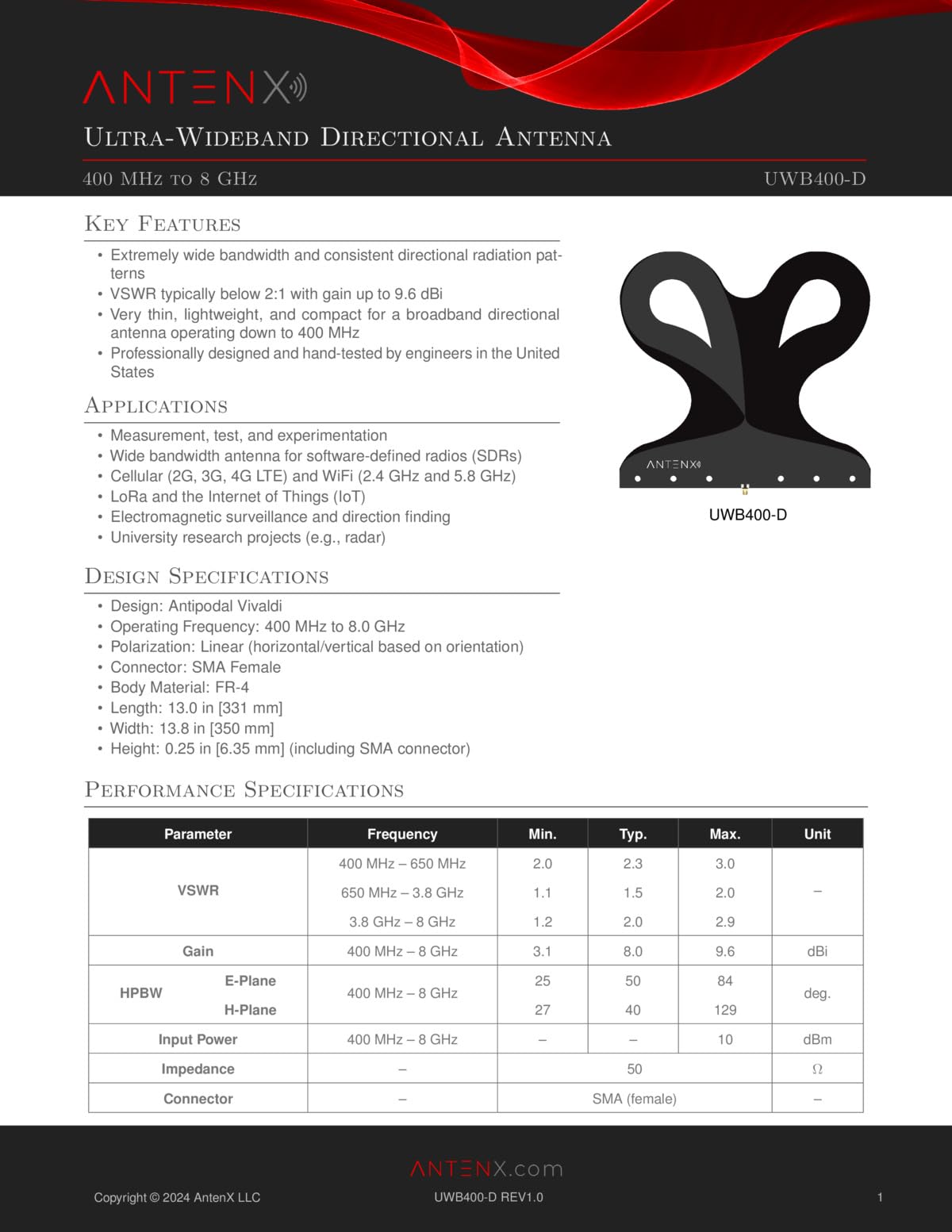 Broadband Directional Antenna (400 MHz to 8 GHz)