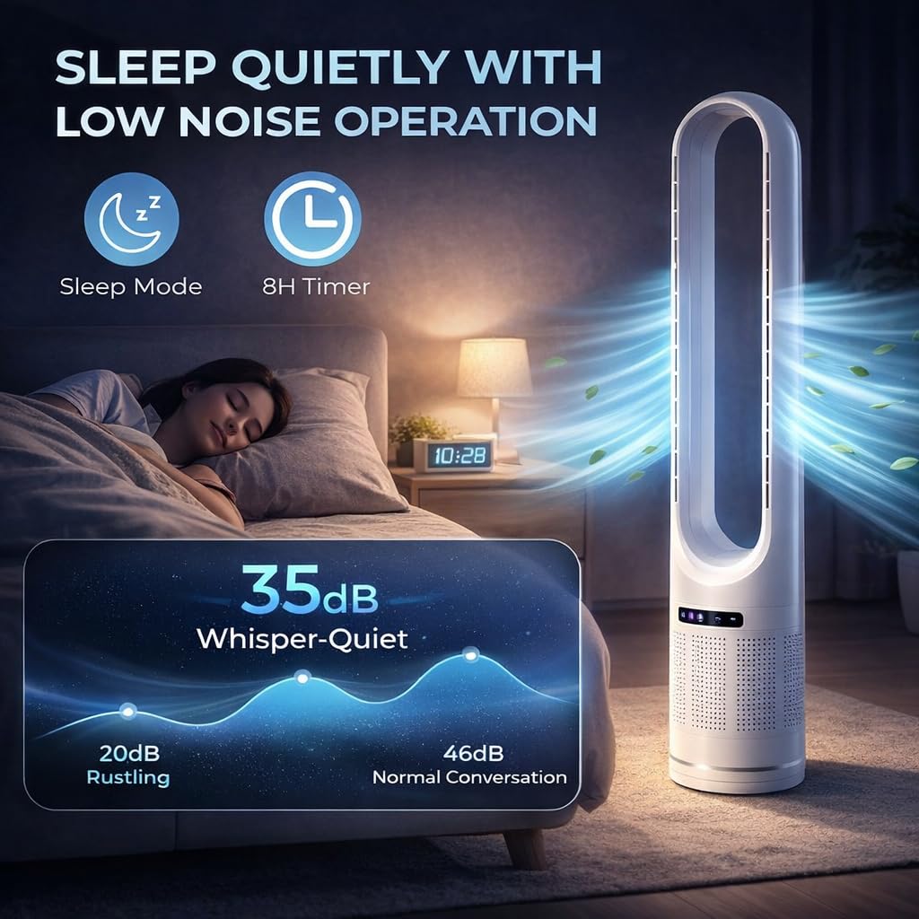 Zoolati 41" Bladeless Tower Fan with Air Filter, 80° Oscillating Fan with Remote Control, 8 Speeds, 8H Timer, Quiet Cooling Fan with LED Display