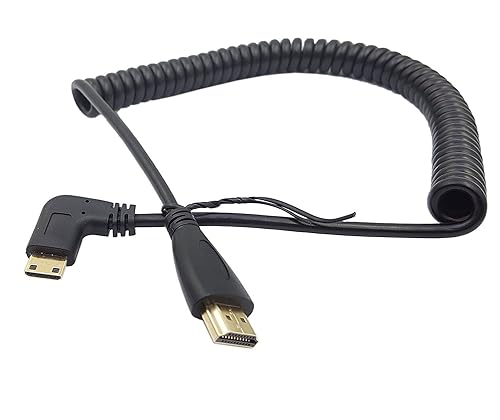 SinLoon Angle 90 Degree Right Mini HDMI to HDMI, Right Angled Mini-HDMI Male to HD MI Male Gold Plated Converter Adapter Coiled Spiral Cable,Support