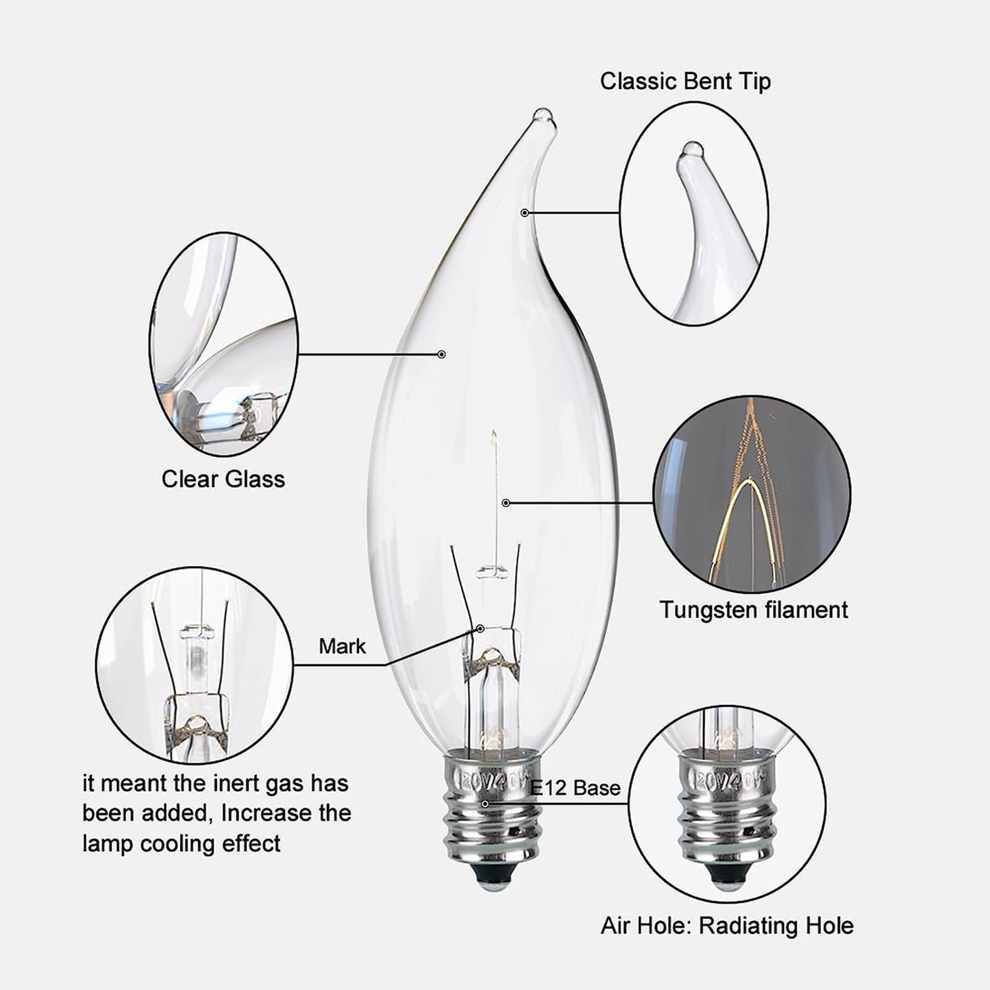 Tiqian 12-Pack Clear B10 CTC E12 Base Decorative Candle Light Bulbs, 60W, 480 Lumens, 2700K Warm White, Dimmable Incandescent Bulbs for Chandeliers