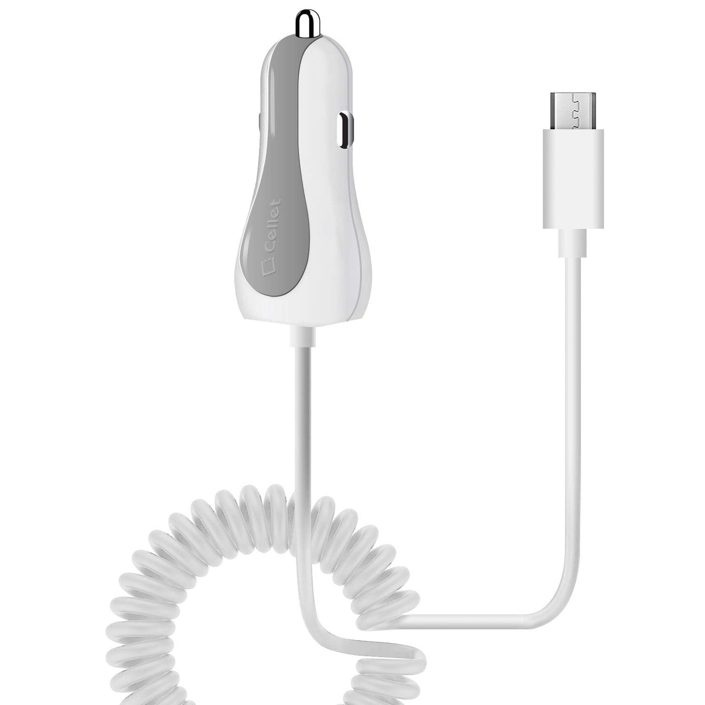 Cellet Micro-USB Car Charger, Coiled and Extra USB Port Car Charger, Built-in Coiled 4ft Long Micro USB Cable. (Fast Charging 2.4 Amp)